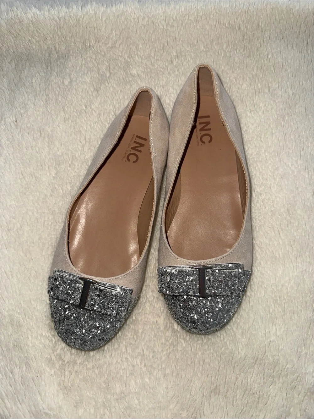 Girls Beige Flats with Silver Glitter Toe